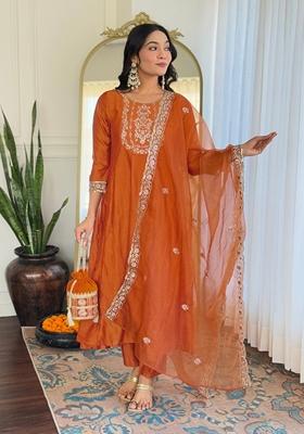 Orange Embroidered Vichitra A Line Kurta Set