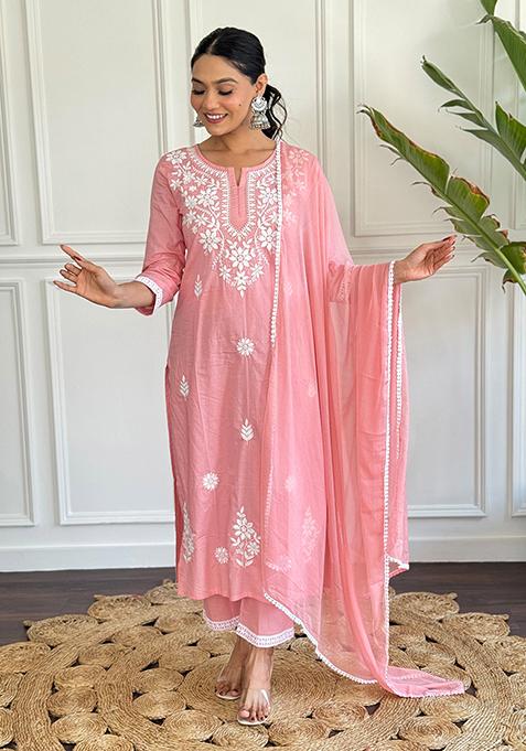 Peach Chikankari Cotton Straight Kurta Set