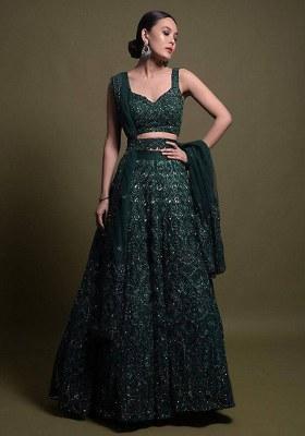 Green Sequin Work Net Lehenga Set for Diwali and Festive Wear