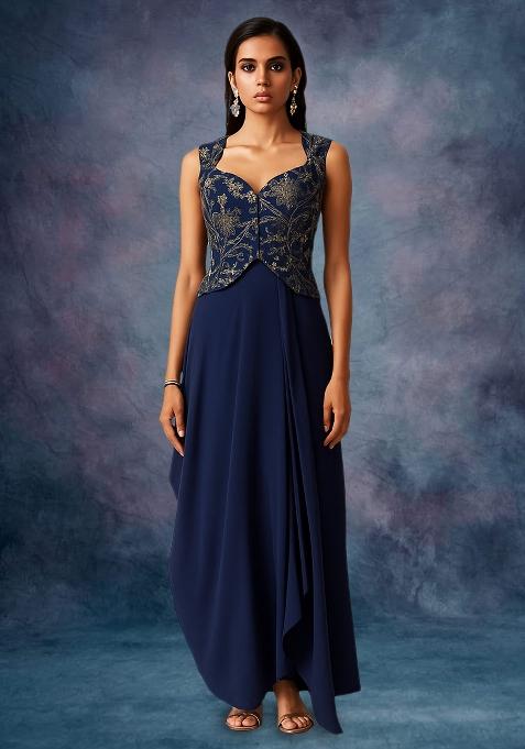Blue Georgette Fusion Set with Embroidered for Diwali | Wedding & Festive Wear