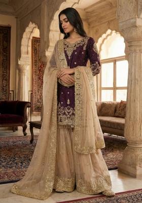Wine Beige Embroidered Silk Blend Kurta Set