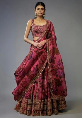 Pink Floral Print Organza Lehenga Set for Diwali and Festive Wear