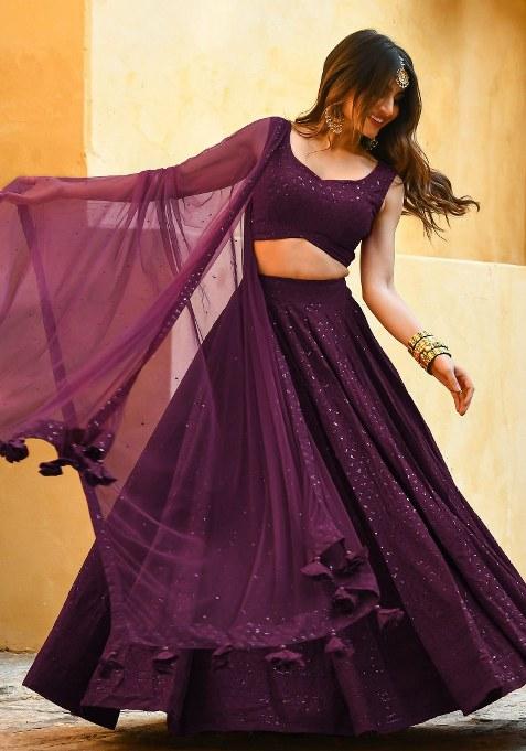 Purple Embroidered Georgette Lehenga Set With Dupatta for Diwali and Festive Wear