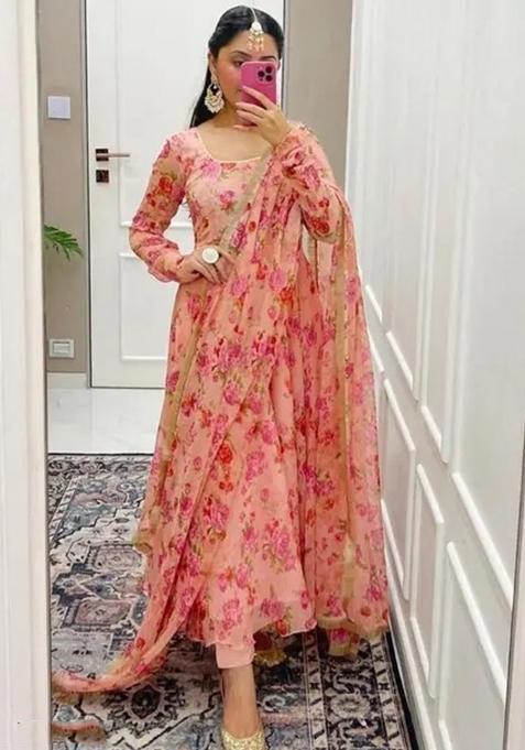 Peach Floral Print Georgette Anarkali With Dupatta