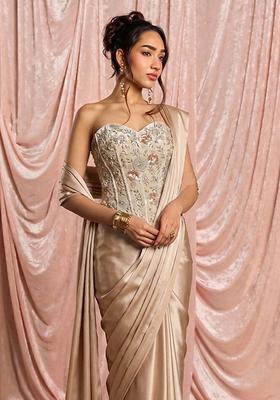Soft Beige Embroidered Georgette Corset Blouse Pre Draped Saree Set