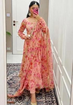 Peach Floral Print Georgette Anarkali With Dupatta