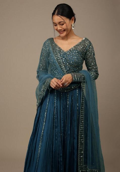 Blue Embroidered Georgette Lehenga Set With Dupatta for Diwali and Festive Wear