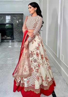 Cream Chinnon Lehenga Set with Embroidery for Diwali | Wedding & Festive Wear
