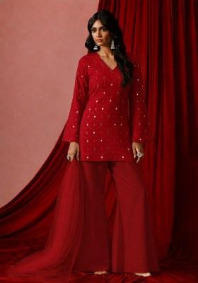 Charming Red Sequin Work Georgette Pakistani Suit Set Mother Daughter Sharara Set | Twirl Together
