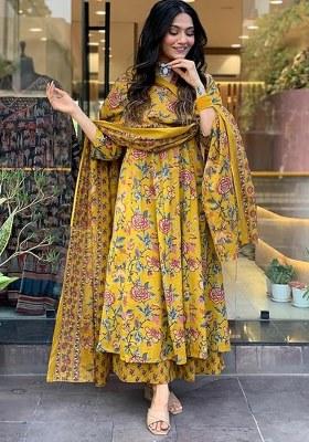 Yellow Embroidered Cotton Anarkali Set
