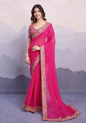 Pink Embroidered faux georgette Saree Set for Diwali and Festive Wear