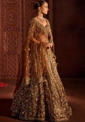 Brown Work Net Lehenga Set with Sequin for Diwali | Wedding & Festive Wear