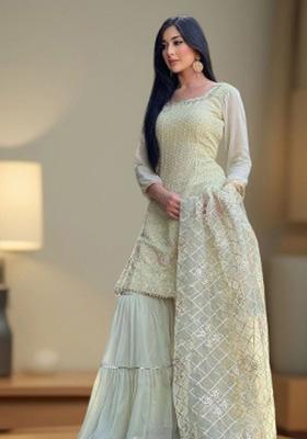 Pista Green Embroidered Georgette Sharara Set