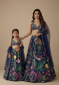Royal Navy Blue Floral Print Satin Mother Daughter Lehenga Set | Twin In Royal Style