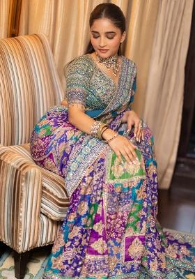 Blue Solid Silk Blend Saree Set for Diwali | Wedding & Festive Wear
