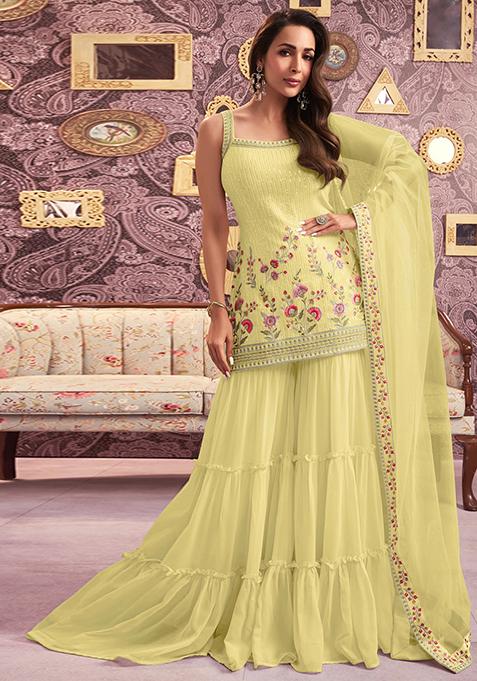 Yellow Embroidered Georgette Sharara Set