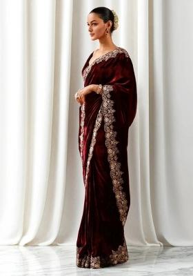 Maroon Embroidered Velvet Saree Set for Diwali and Festive Wear