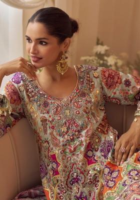 Multi Color Embroidered Creap Silk Blend Salwar Kameez