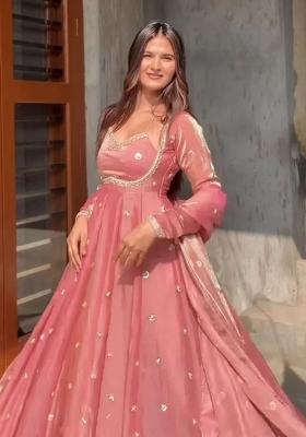 Peach Embroidered Silk Blend Anarkali Set