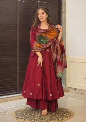 Maroon Embroidered Cotton Anarkali Set
