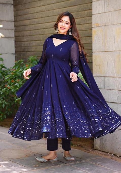 Blue Sequin Work Georgette Anarkali Set
