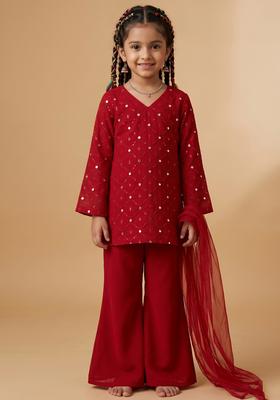 Charming Red Sequin Work Georgette Pakistani Suit Set Mother Daughter Sharara Set | Twirl Together