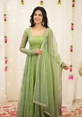 Light Green Embroidered Organza Anarkali Set