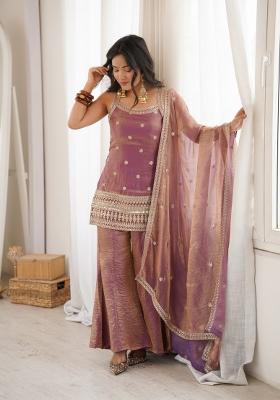 Dusty Pink Sequin Work Silk Sharara Suit