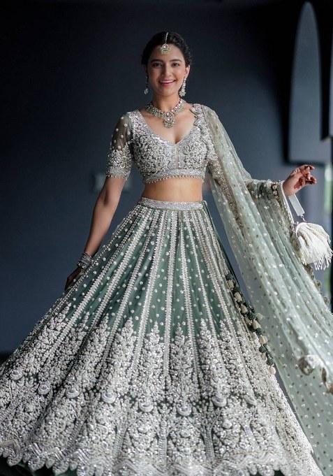 Rama Green Work Net Lehenga Set with Sequin for Diwali | Wedding & Festive Wear