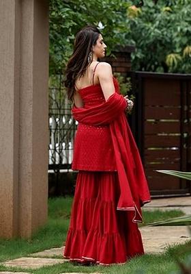 Red Sequin Work Blended Sharara Set