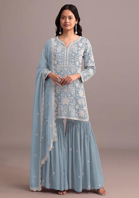 Sky Blue Chikankari Georgette Sharara Set