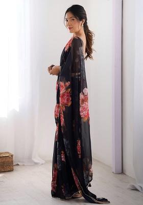 Black Embroidery Silk Blend Saree Set for Diwali and Festive Wear