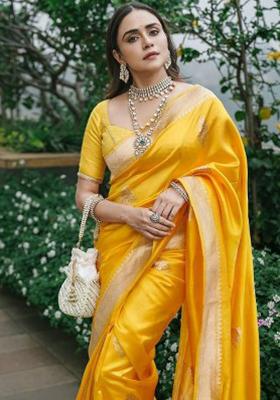 Yellow Embroidery Silk Blend Saree Set for Diwali and Festive Wear