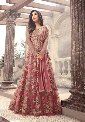 Dark Peach Embroidered Net Anarkali Set