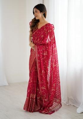 Pink Embroidery Silk Blend Saree Set for Diwali and Festive Wear