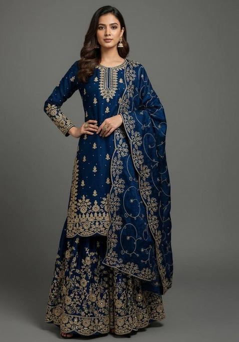Blue Embroidered Silk Sharara Set