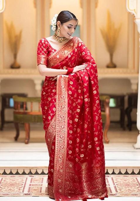 Red Banarasi Soft Silk Blend Saree Set for Diwali and Festive Wear