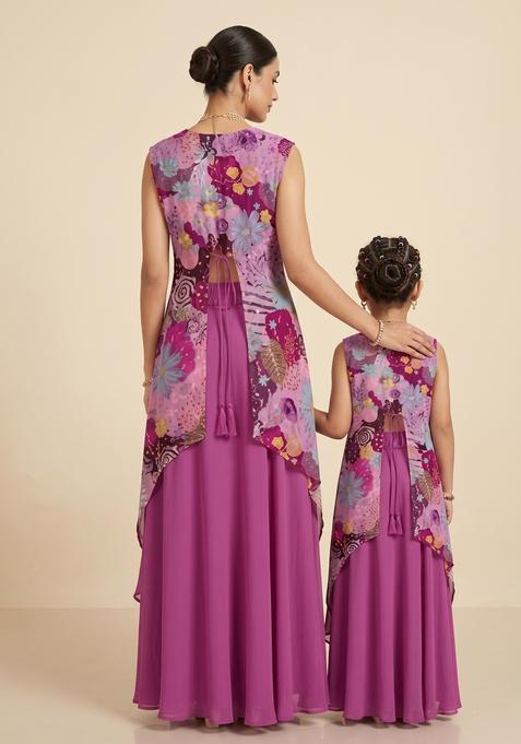 Pretty Magenta Purple Printed Crepe Mother Daughter Fusion Set | Twin In Charm