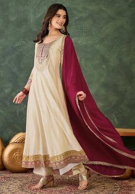 Cream Embroidered Silk Blend Anarkali Set