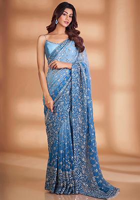 Blue Solid Georgette Saree Set for Diwali and Festive Wear