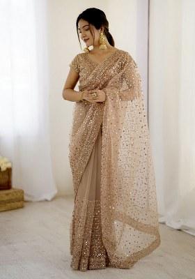 Golden Net Saree with Sequins for Diwali | Wedding & Festive Wear
