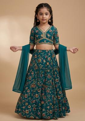 Dreamy Teal Blue Floral Print Crepe Mother Daughter Lehenga Set | Twin In Royal Style