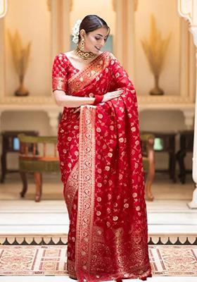 Red Banarasi Soft Silk Blend Saree Set for Diwali and Festive Wear