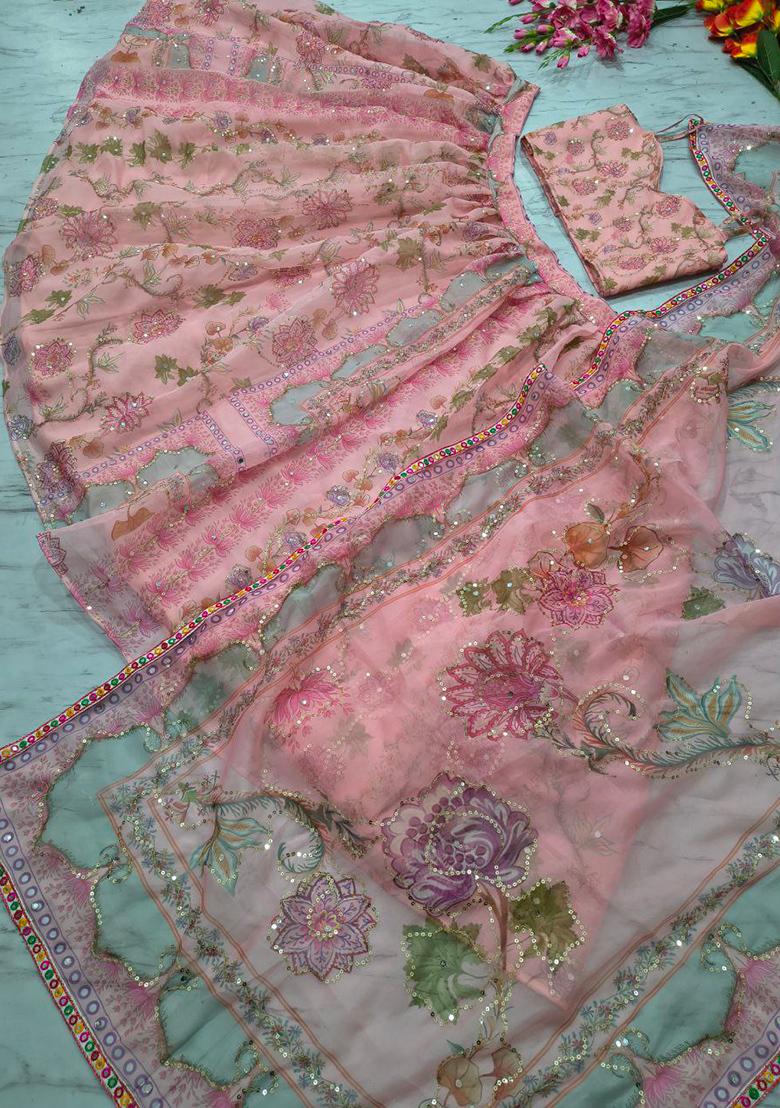 Peach Embroidery Organza Lehenga Set for Diwali and Festive Wear