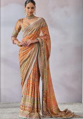 Light Yellow Silk Blend Saree Set with Printed for Diwali | Wedding & Festive Wear