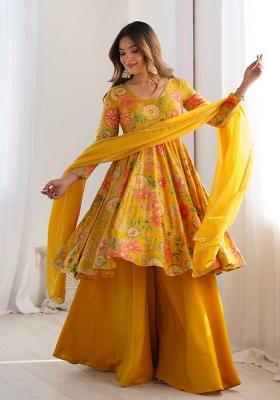 Yellow Floral Print Chanderi Sharara Set