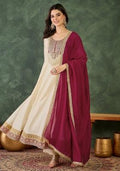 Cream Embroidered Silk Blend Anarkali Set