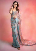 Sky Blue Sequins Silk Blend Saree for Diwali and Festive Wear