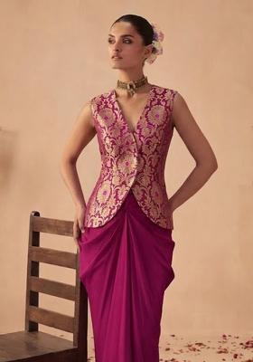 Magenta Pink Brocade Fusion Set for Diwali and Festive Wear