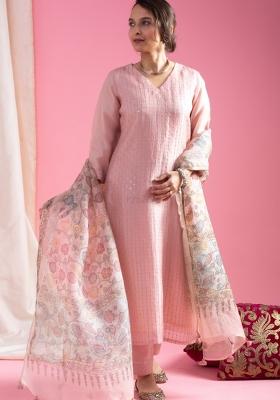 Pink Chikankari Viscose Straight Kurta Set